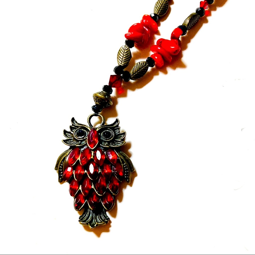 Handmade Fancy Red Forest Owl Statement Necklace